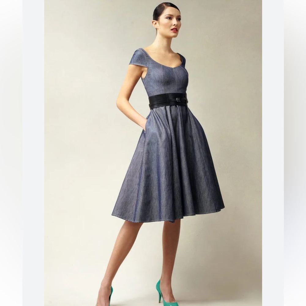 Talbots Blue Denim Fit-and-Flare Midi Dress with Black Belt